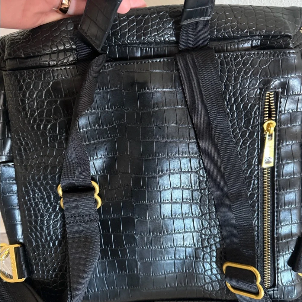 Fawn Design Black Croc-Embossed Leather Crossbody Backpack